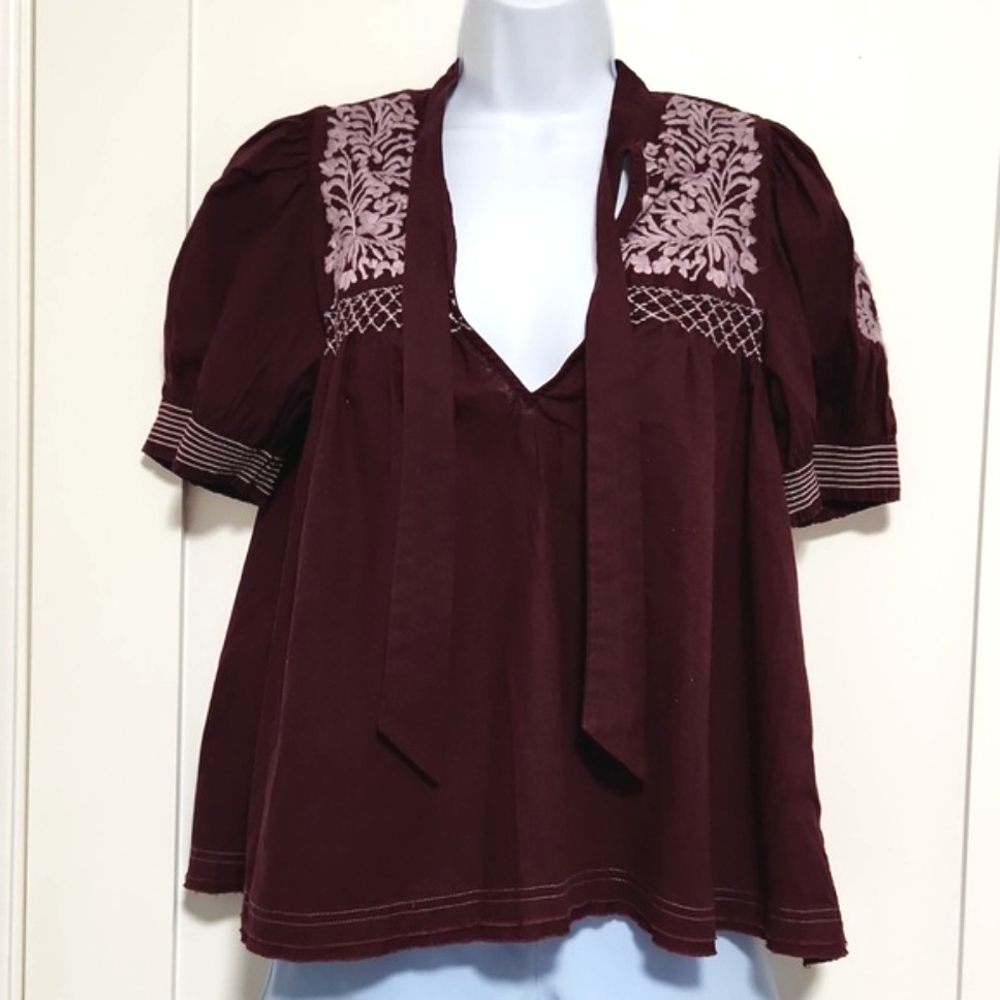 Free People Short Sleeve Embroidered Top